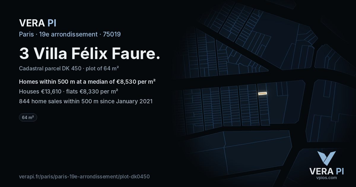3 Villa Félix Faure, 19e arrondissement at night – the plot lit, the parcels around coloured by the prices near them
