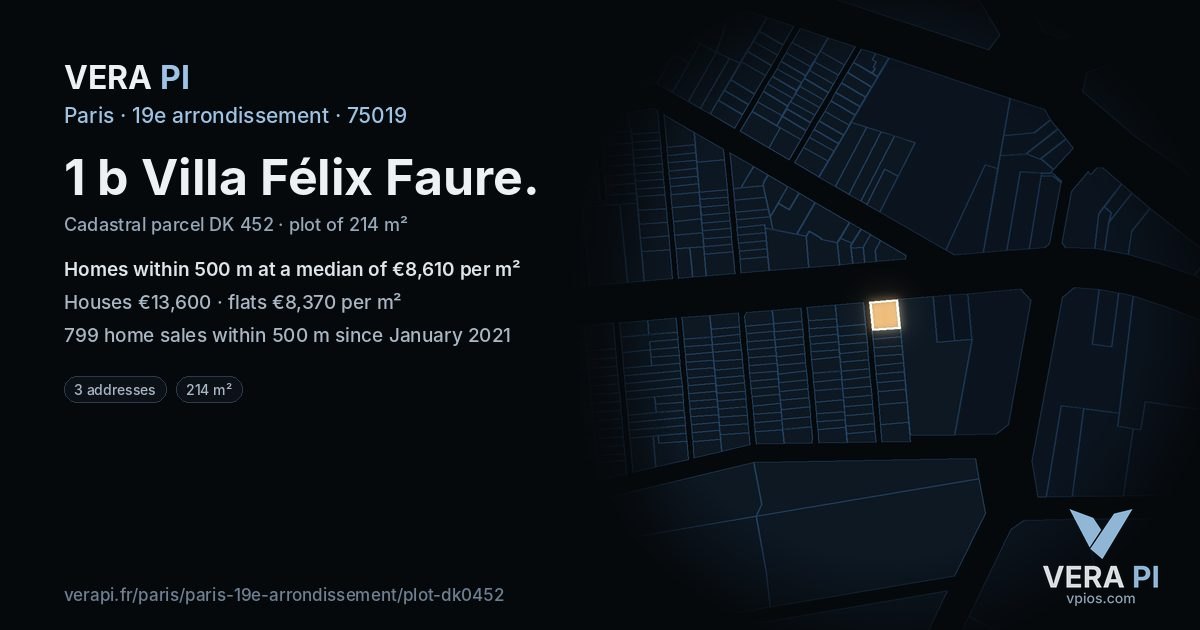 1 b Villa Félix Faure, 19e arrondissement at night – the plot lit, the parcels around coloured by the prices near them