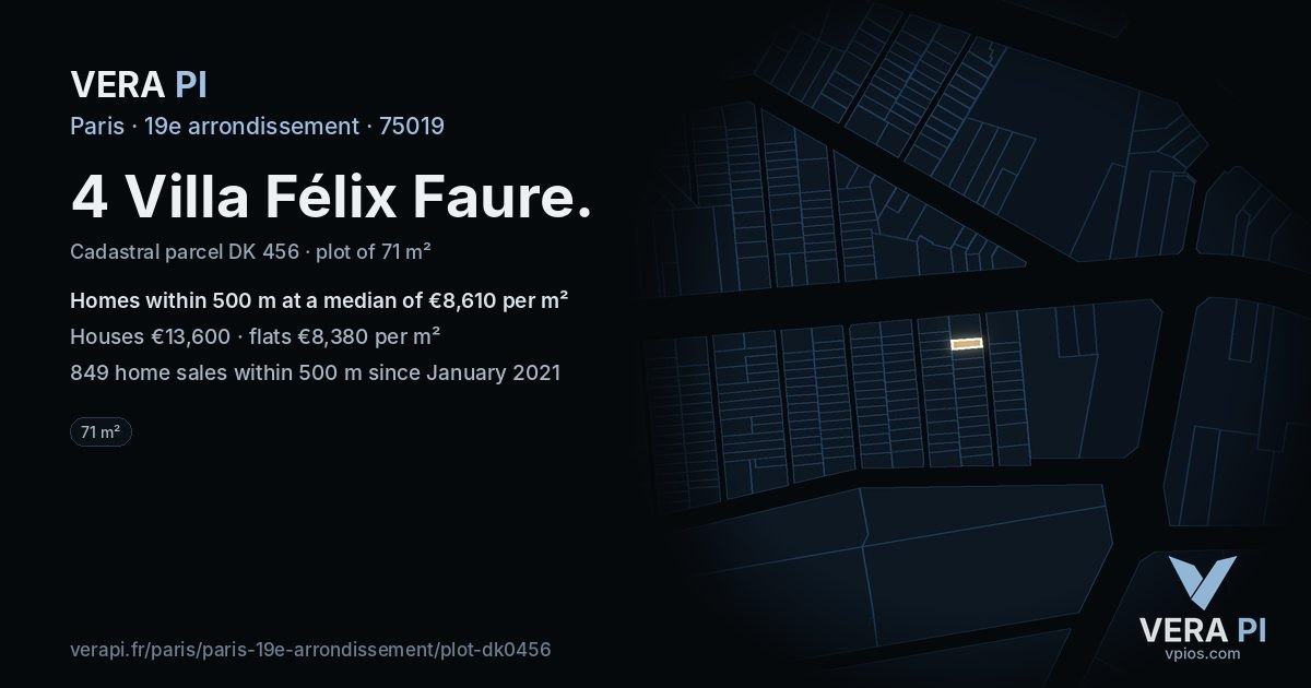 4 Villa Félix Faure, 19e arrondissement at night – the plot lit, the parcels around coloured by the prices near them