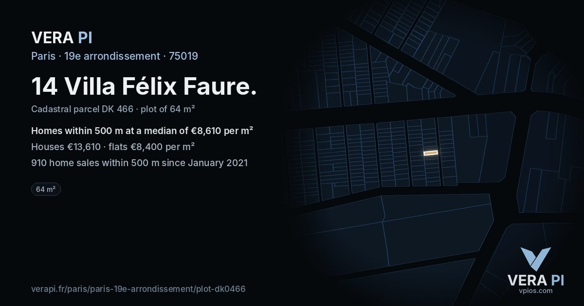 14 Villa Félix Faure, 19e arrondissement at night – the plot lit, the parcels around coloured by the prices near them