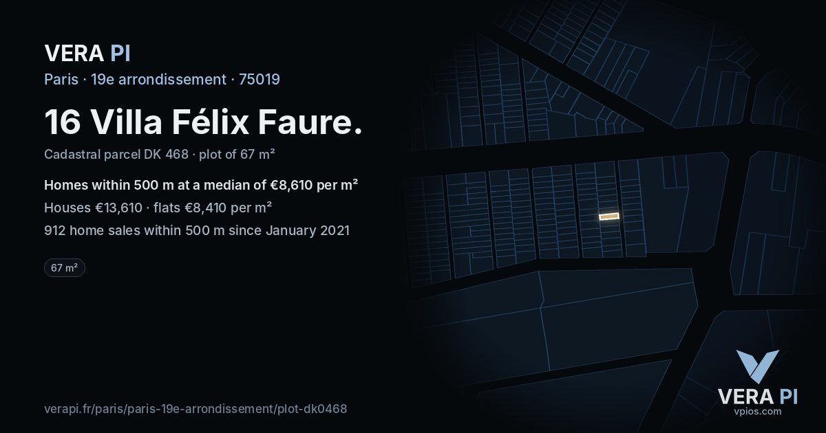 16 Villa Félix Faure, 19e arrondissement at night – the plot lit, the parcels around coloured by the prices near them