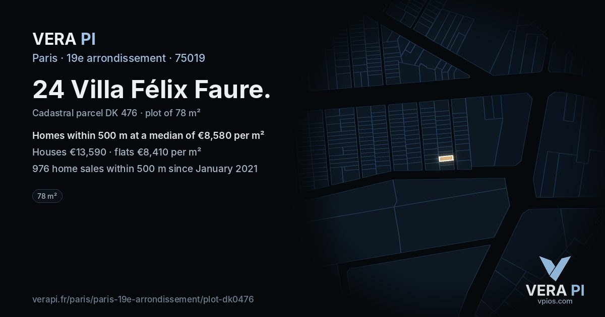 24 Villa Félix Faure, 19e arrondissement at night – the plot lit, the parcels around coloured by the prices near them