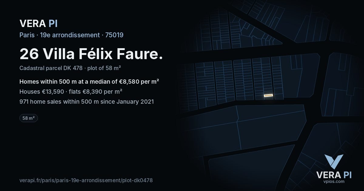 26 Villa Félix Faure, 19e arrondissement at night – the plot lit, the parcels around coloured by the prices near them