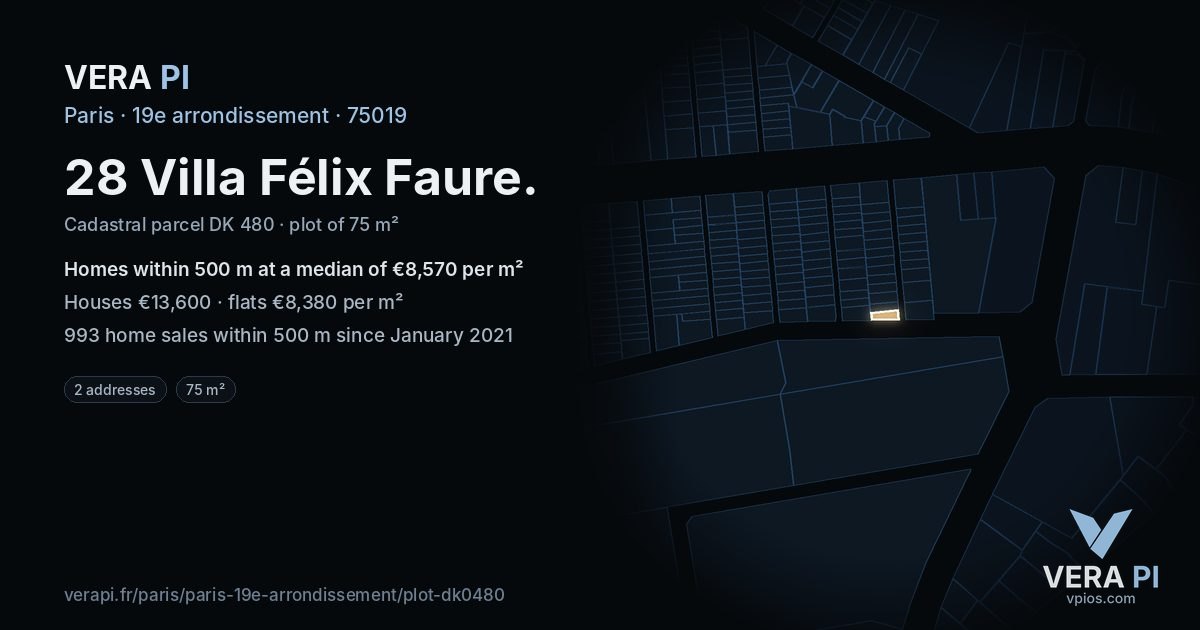 28 Villa Félix Faure, 19e arrondissement at night – the plot lit, the parcels around coloured by the prices near them
