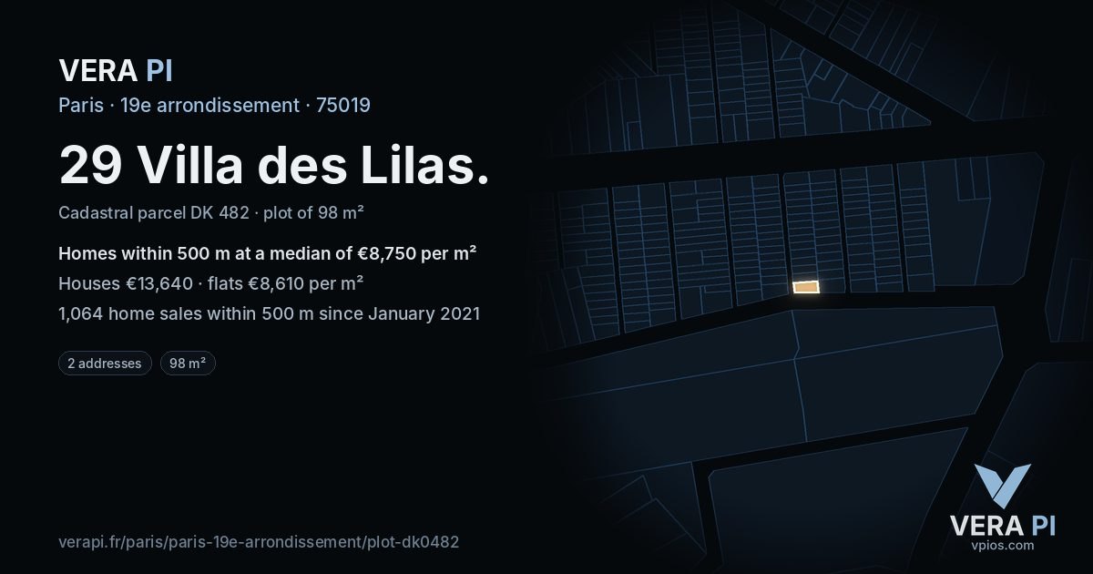 29 Villa des Lilas, 19e arrondissement at night – the plot lit, the parcels around coloured by the prices near them