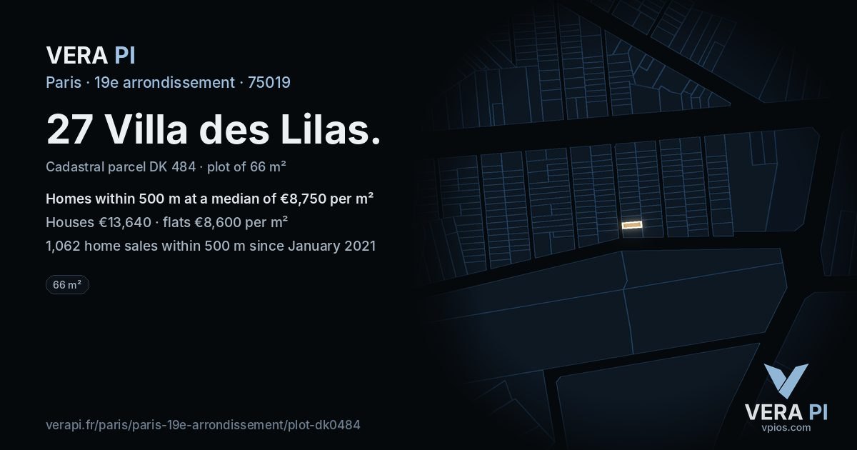 27 Villa des Lilas, 19e arrondissement at night – the plot lit, the parcels around coloured by the prices near them