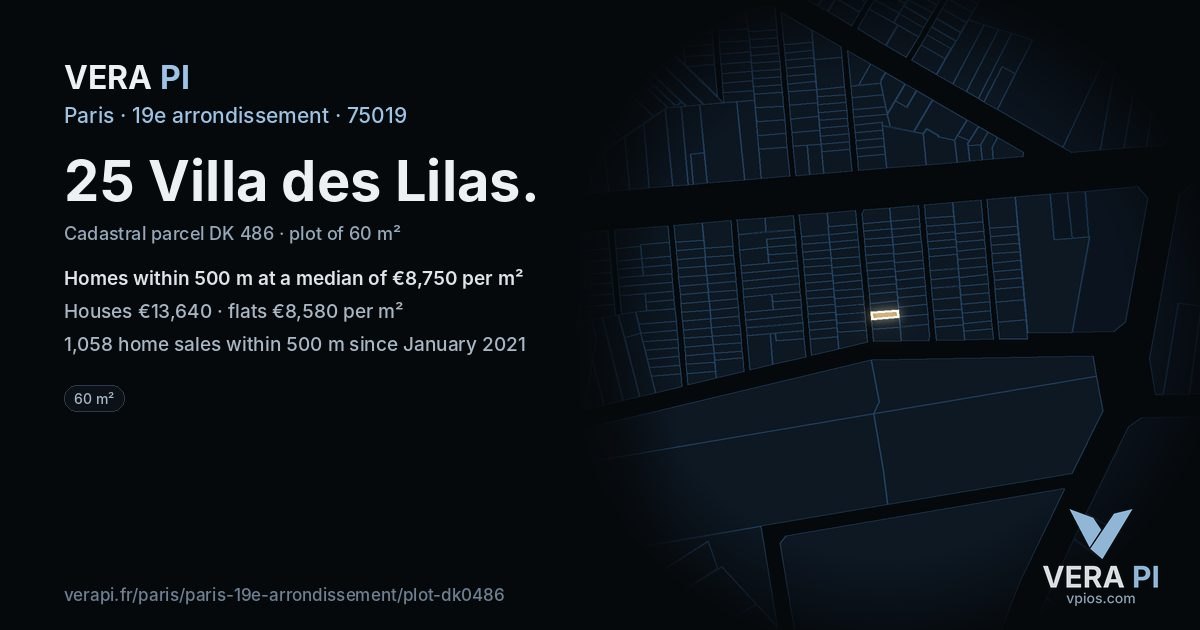 25 Villa des Lilas, 19e arrondissement at night – the plot lit, the parcels around coloured by the prices near them