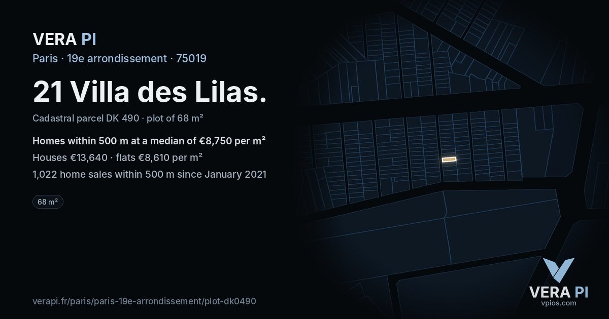 21 Villa des Lilas, 19e arrondissement at night – the plot lit, the parcels around coloured by the prices near them