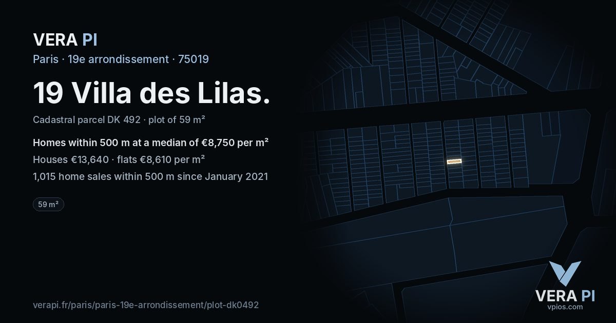 19 Villa des Lilas, 19e arrondissement at night – the plot lit, the parcels around coloured by the prices near them