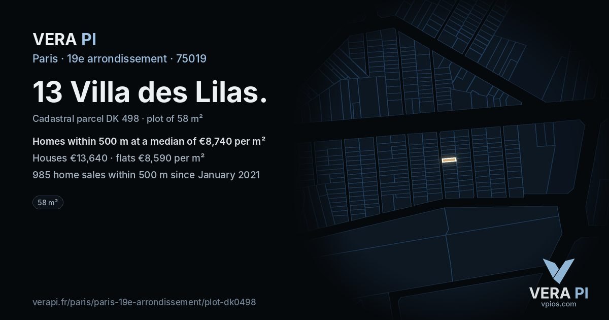 13 Villa des Lilas, 19e arrondissement at night – the plot lit, the parcels around coloured by the prices near them