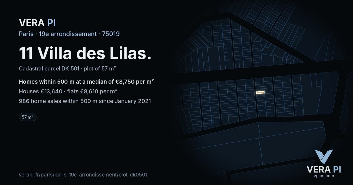 11 Villa des Lilas, 19e arrondissement at night – the plot lit, the parcels around coloured by the prices near them