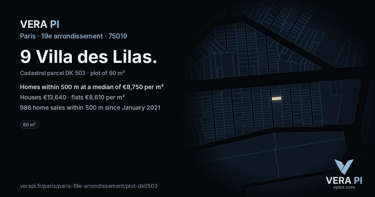 9 Villa des Lilas, 19e arrondissement at night – the plot lit, the parcels around coloured by the prices near them