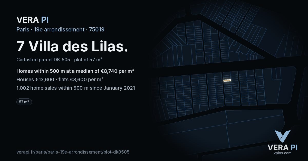7 Villa des Lilas, 19e arrondissement at night – the plot lit, the parcels around coloured by the prices near them
