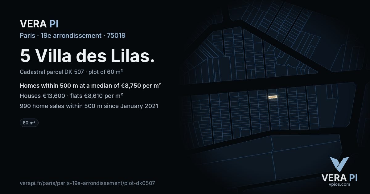 5 Villa des Lilas, 19e arrondissement at night – the plot lit, the parcels around coloured by the prices near them