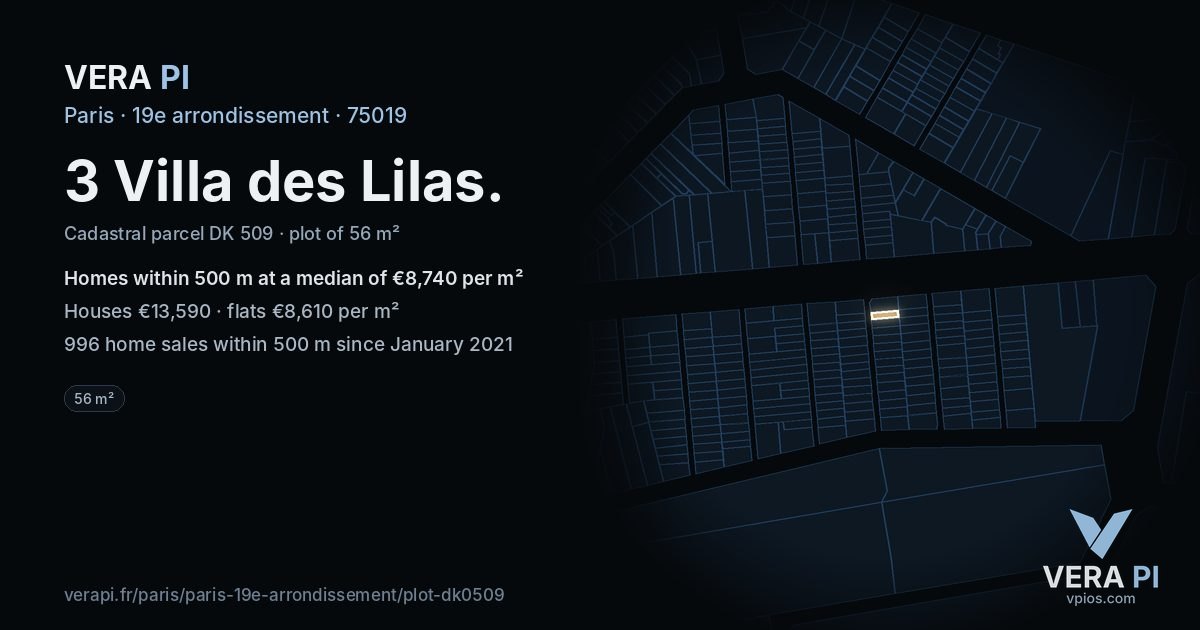 3 Villa des Lilas, 19e arrondissement at night – the plot lit, the parcels around coloured by the prices near them