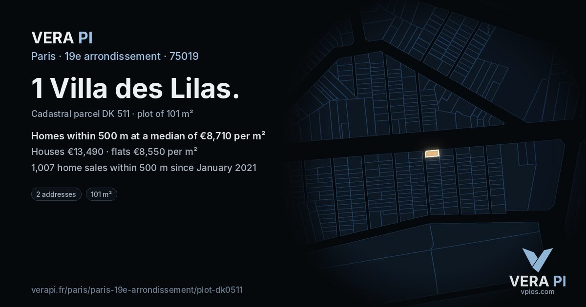 1 Villa des Lilas, 19e arrondissement at night – the plot lit, the parcels around coloured by the prices near them