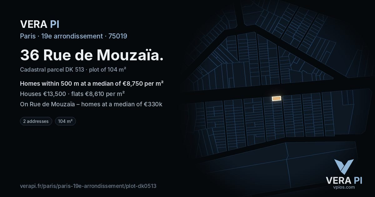 36 Rue de Mouzaïa, 19e arrondissement at night – the plot lit, the parcels around coloured by the prices near them