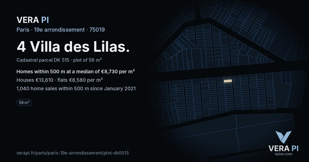 4 Villa des Lilas, 19e arrondissement at night – the plot lit, the parcels around coloured by the prices near them