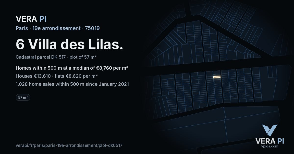 6 Villa des Lilas, 19e arrondissement at night – the plot lit, the parcels around coloured by the prices near them