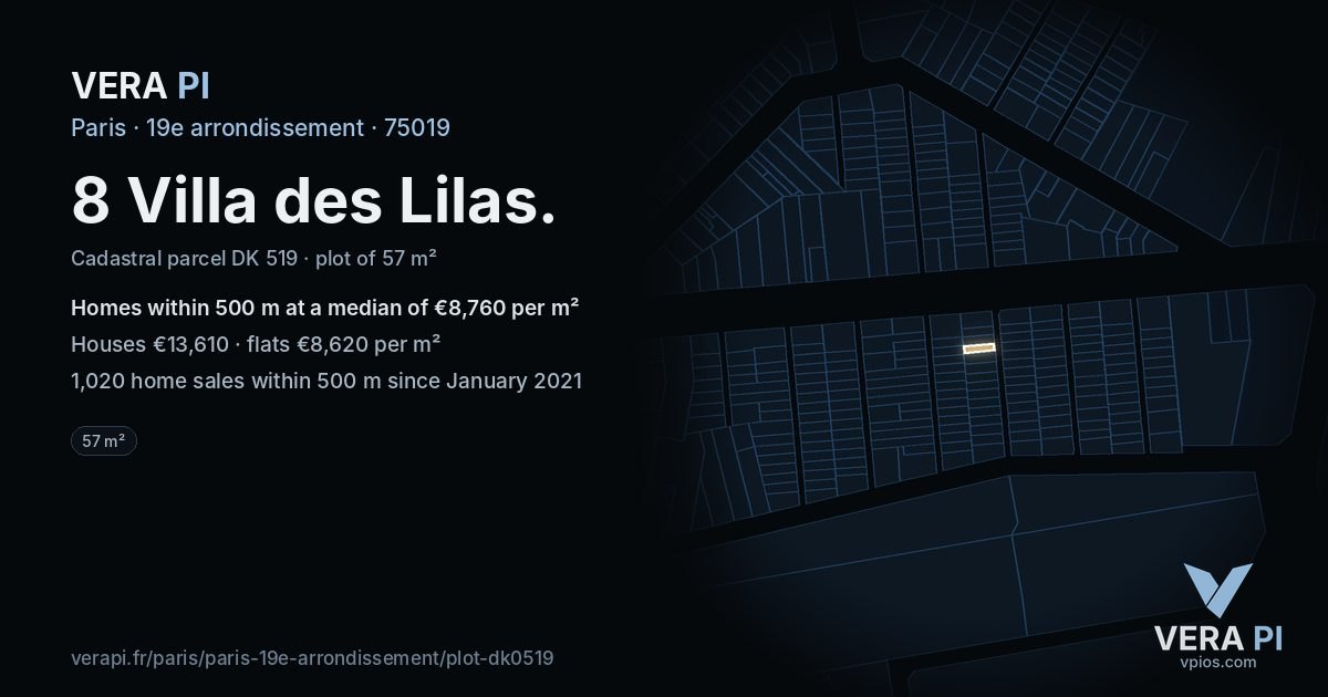 8 Villa des Lilas, 19e arrondissement at night – the plot lit, the parcels around coloured by the prices near them
