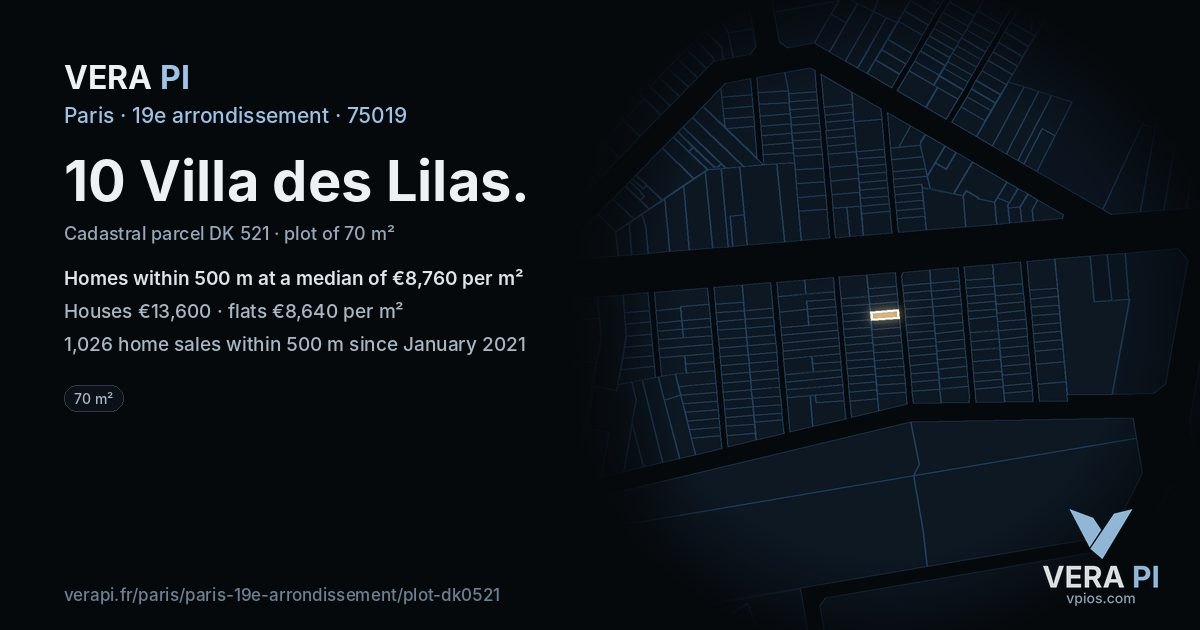 10 Villa des Lilas, 19e arrondissement at night – the plot lit, the parcels around coloured by the prices near them
