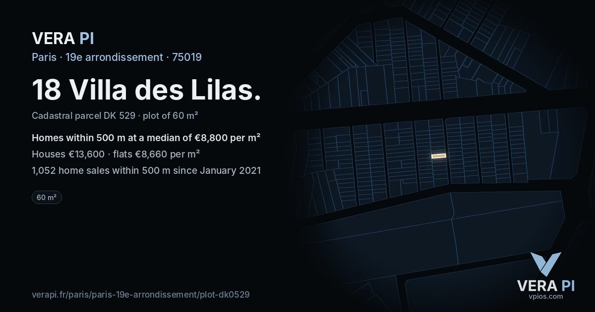 18 Villa des Lilas, 19e arrondissement at night – the plot lit, the parcels around coloured by the prices near them