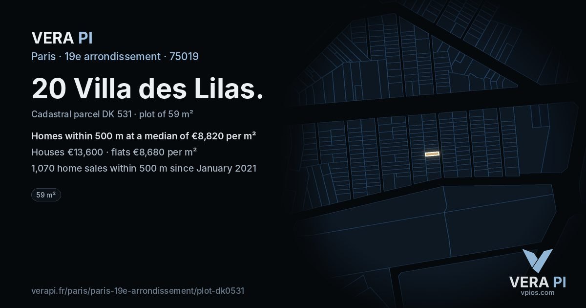 20 Villa des Lilas, 19e arrondissement at night – the plot lit, the parcels around coloured by the prices near them