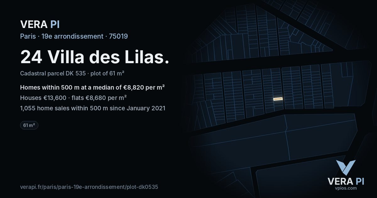 24 Villa des Lilas, 19e arrondissement at night – the plot lit, the parcels around coloured by the prices near them