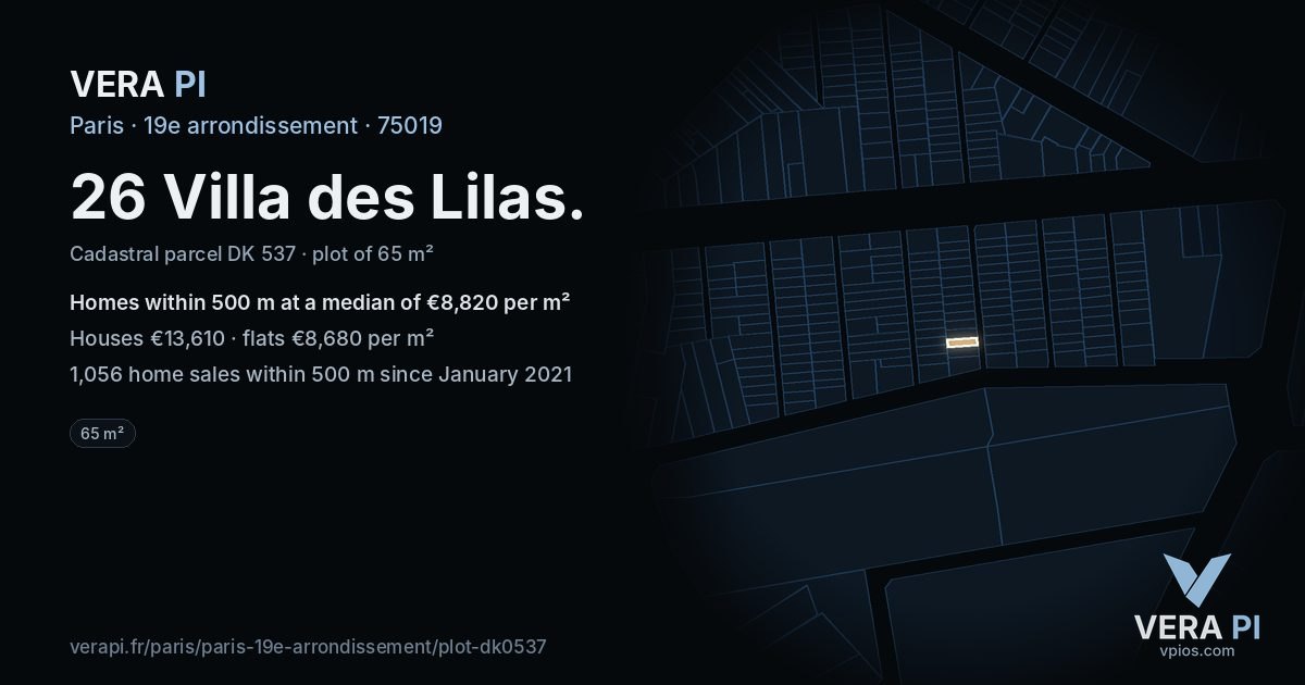 26 Villa des Lilas, 19e arrondissement at night – the plot lit, the parcels around coloured by the prices near them