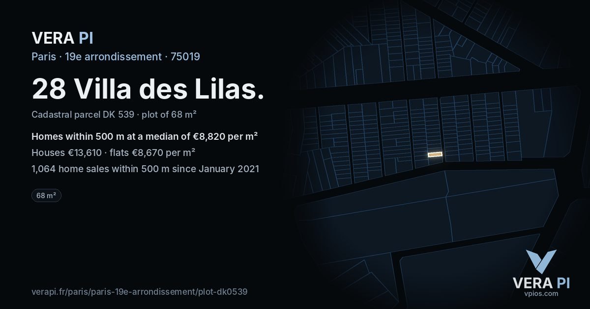 28 Villa des Lilas, 19e arrondissement at night – the plot lit, the parcels around coloured by the prices near them