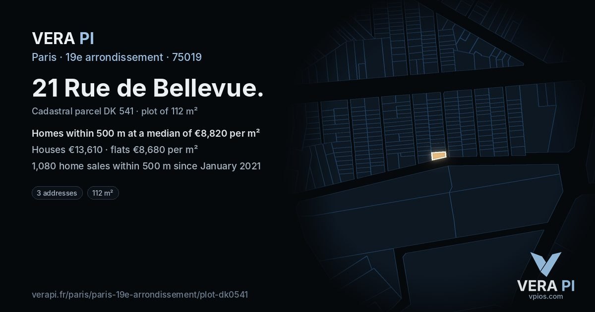 21 Rue de Bellevue, 19e arrondissement at night – the plot lit, the parcels around coloured by the prices near them