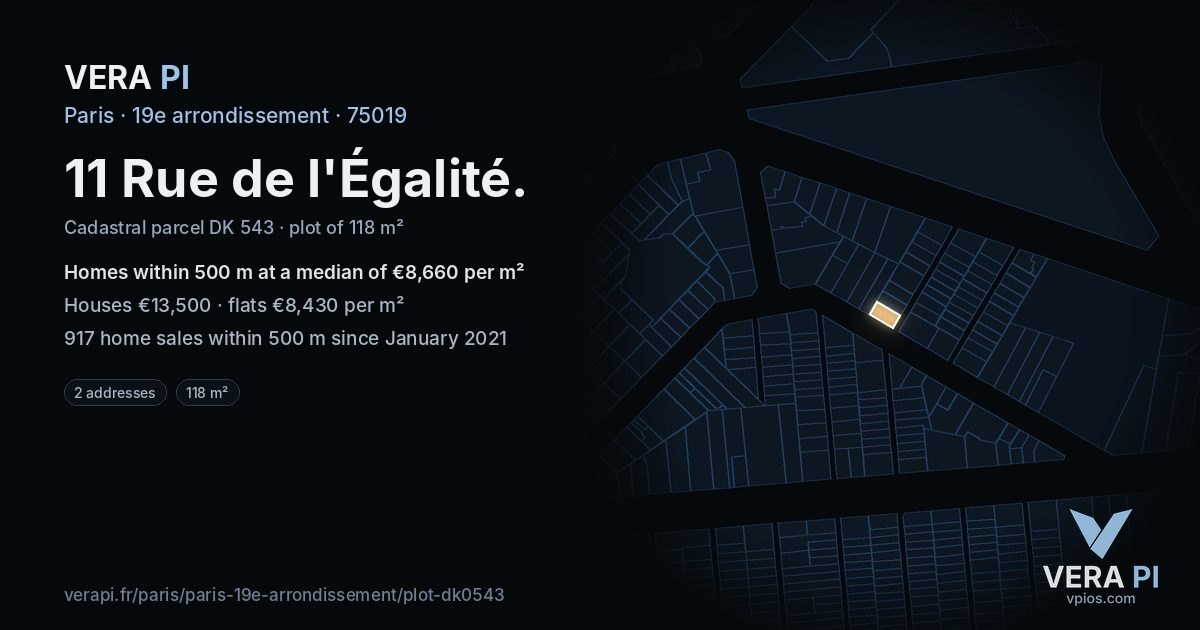 11 Rue de l'Égalité, 19e arrondissement at night – the plot lit, the parcels around coloured by the prices near them