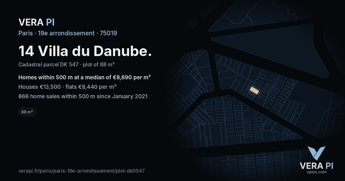 14 Villa du Danube, 19e arrondissement at night – the plot lit, the parcels around coloured by the prices near them