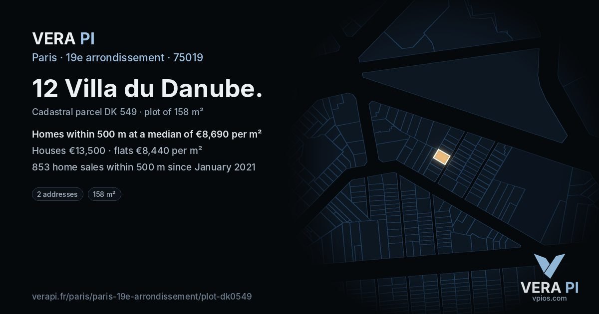 12 Villa du Danube, 19e arrondissement at night – the plot lit, the parcels around coloured by the prices near them