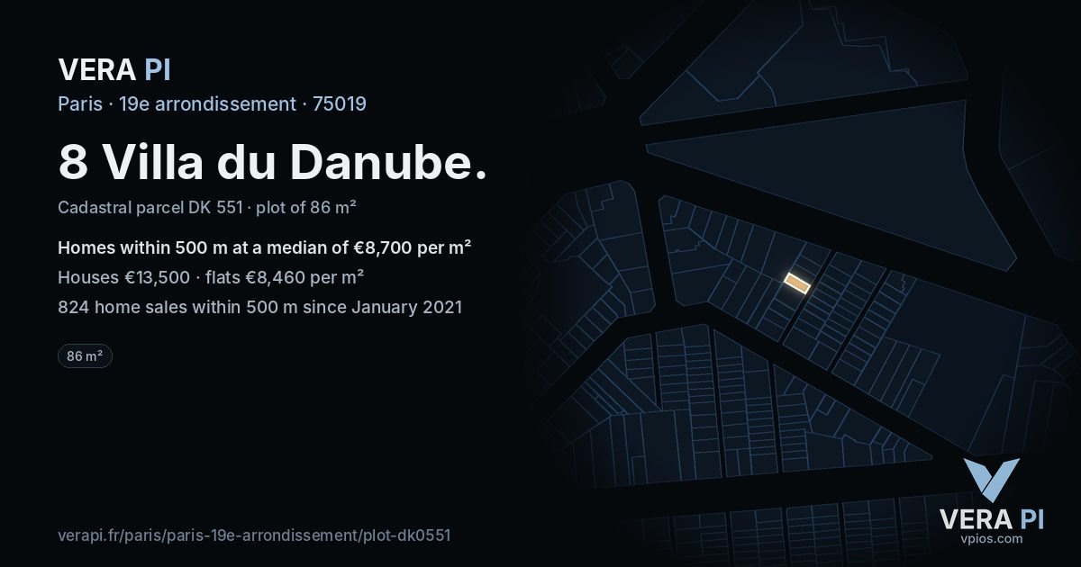 8 Villa du Danube, 19e arrondissement at night – the plot lit, the parcels around coloured by the prices near them