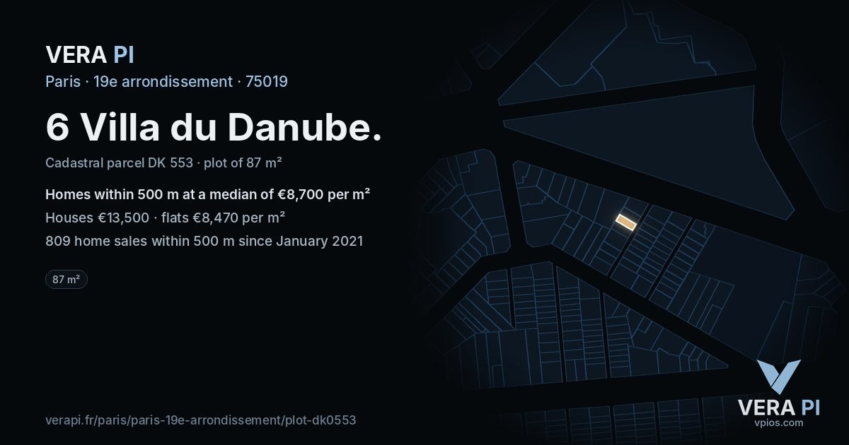 6 Villa du Danube, 19e arrondissement at night – the plot lit, the parcels around coloured by the prices near them