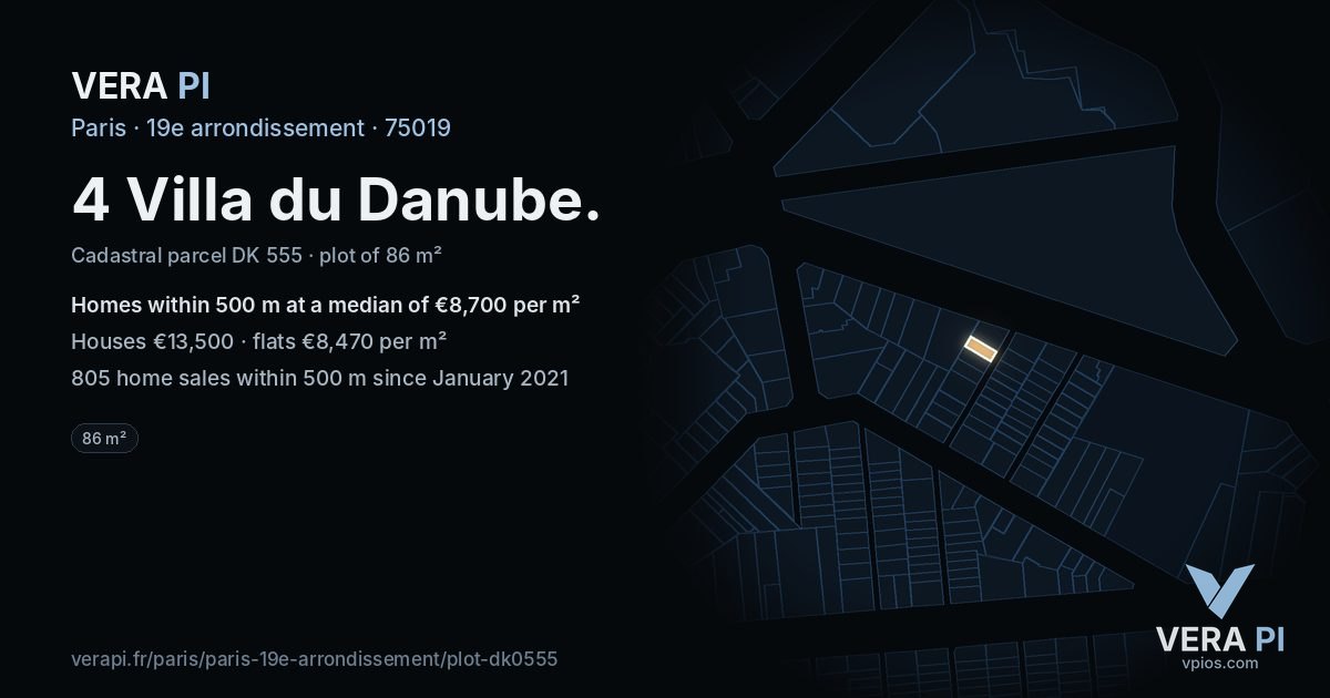 4 Villa du Danube, 19e arrondissement at night – the plot lit, the parcels around coloured by the prices near them