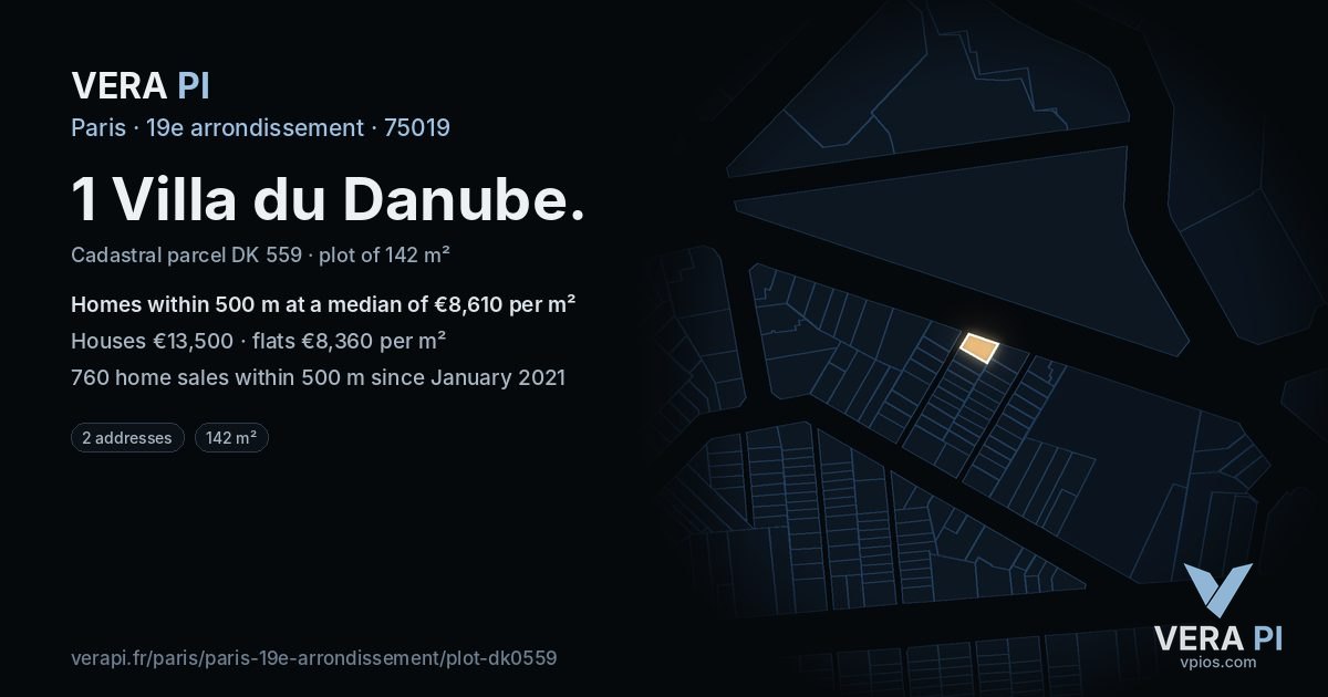 1 Villa du Danube, 19e arrondissement at night – the plot lit, the parcels around coloured by the prices near them