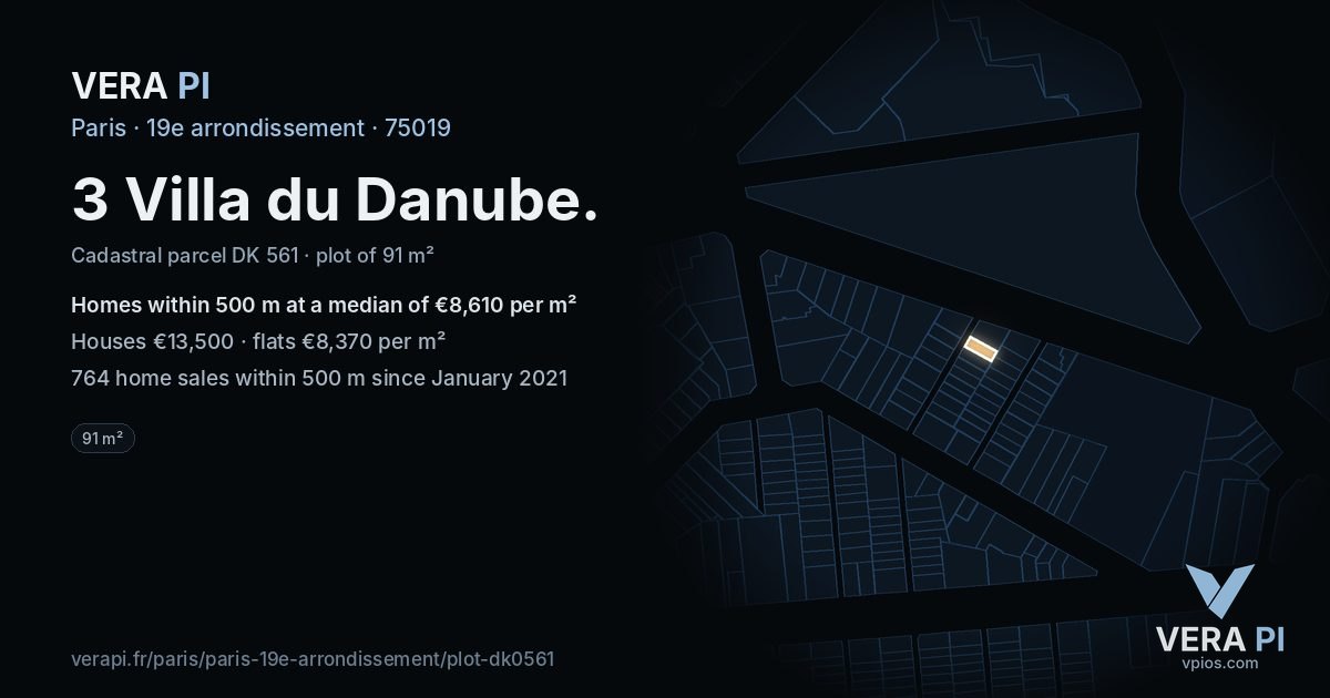 3 Villa du Danube, 19e arrondissement at night – the plot lit, the parcels around coloured by the prices near them