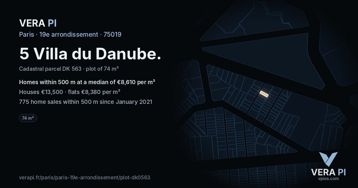 5 Villa du Danube, 19e arrondissement at night – the plot lit, the parcels around coloured by the prices near them