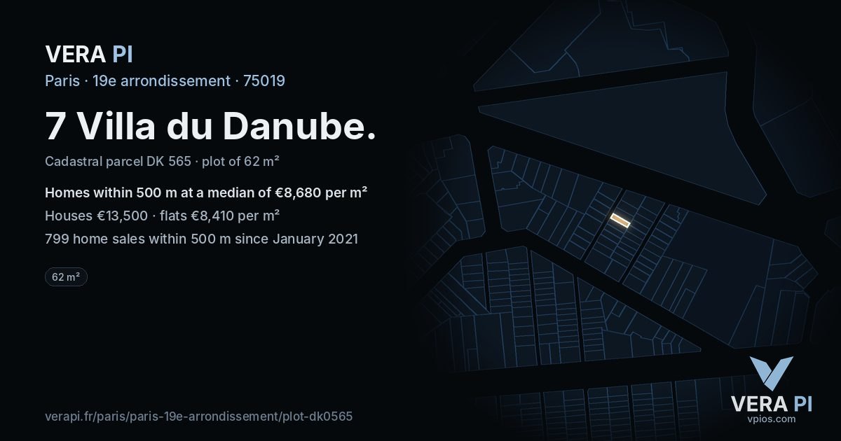 7 Villa du Danube, 19e arrondissement at night – the plot lit, the parcels around coloured by the prices near them