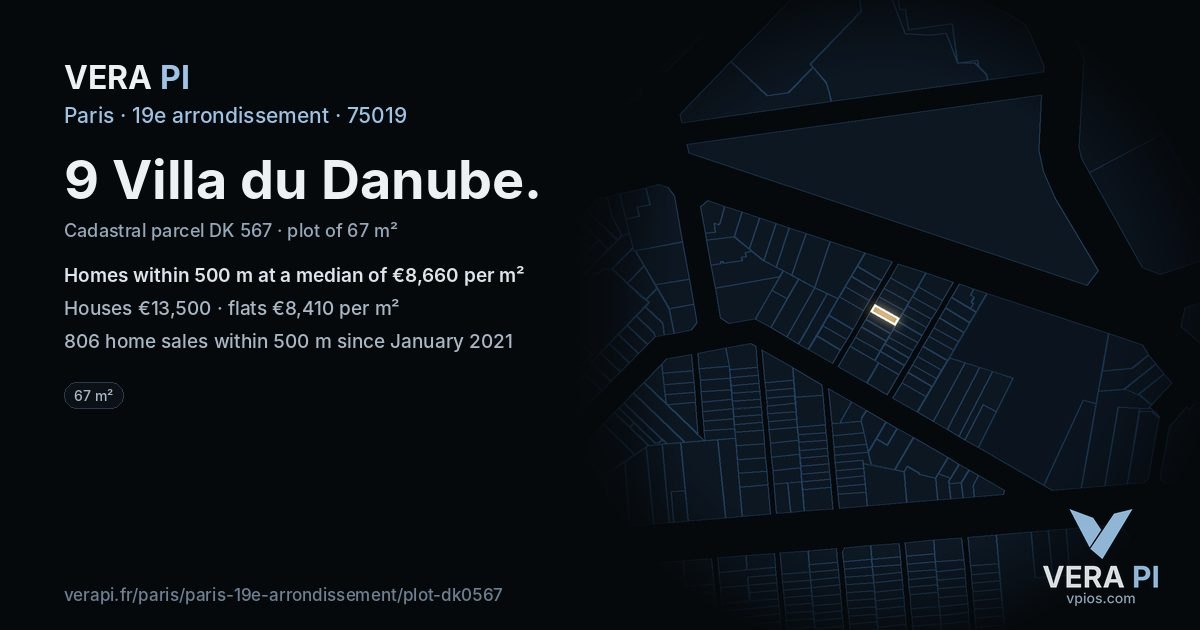 9 Villa du Danube, 19e arrondissement at night – the plot lit, the parcels around coloured by the prices near them