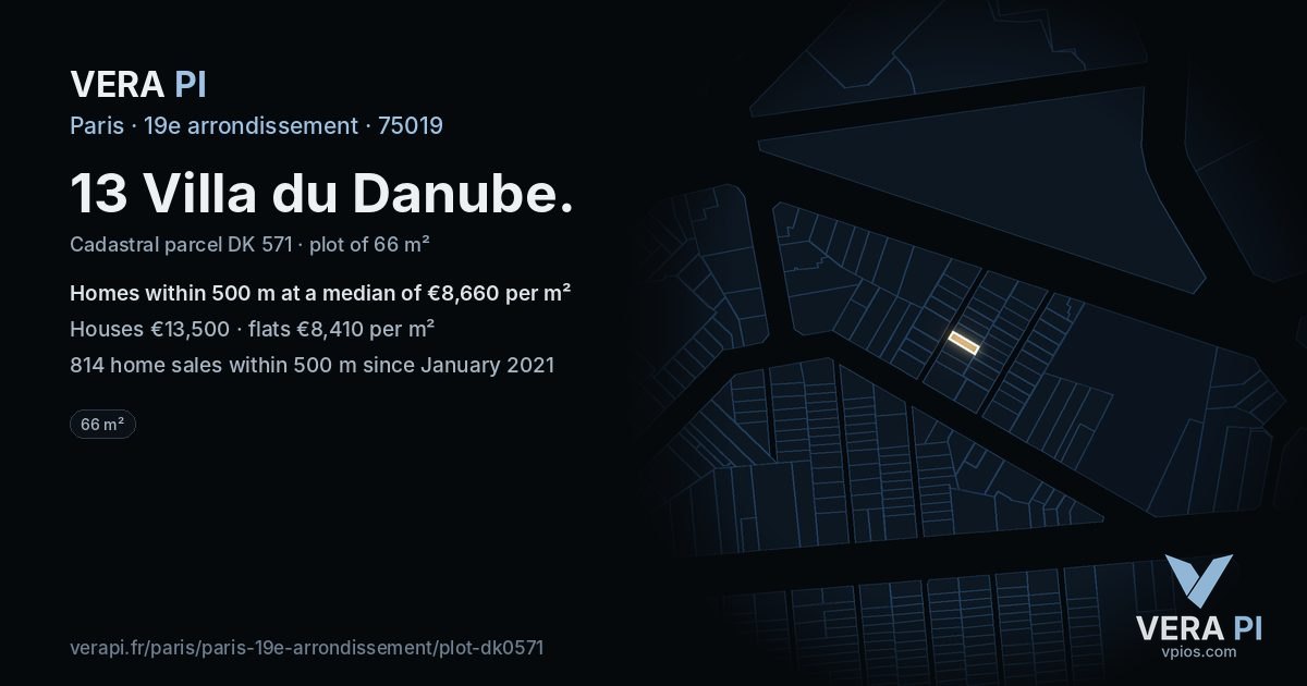 13 Villa du Danube, 19e arrondissement at night – the plot lit, the parcels around coloured by the prices near them