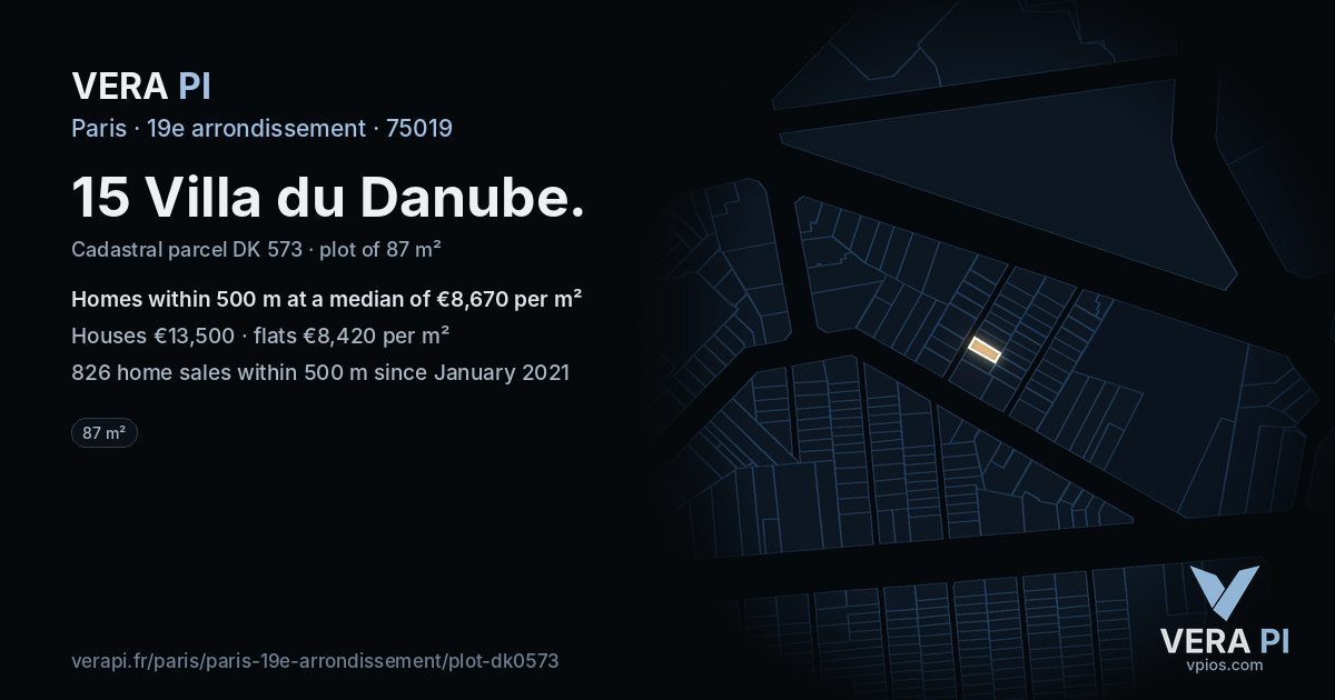 15 Villa du Danube, 19e arrondissement at night – the plot lit, the parcels around coloured by the prices near them