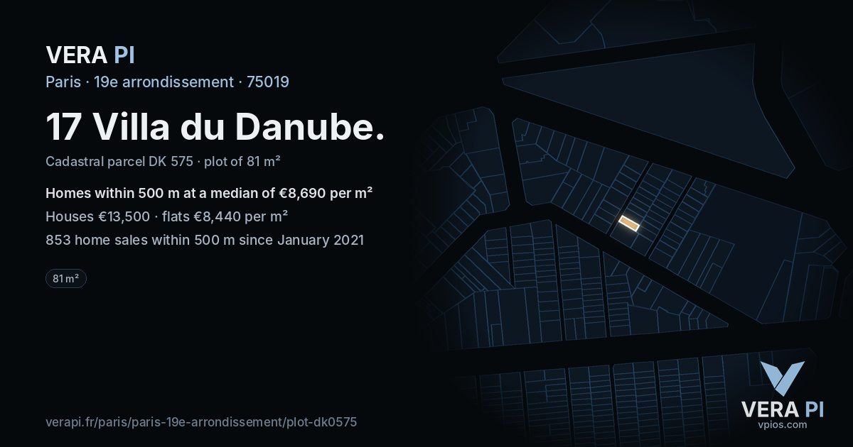 17 Villa du Danube, 19e arrondissement at night – the plot lit, the parcels around coloured by the prices near them
