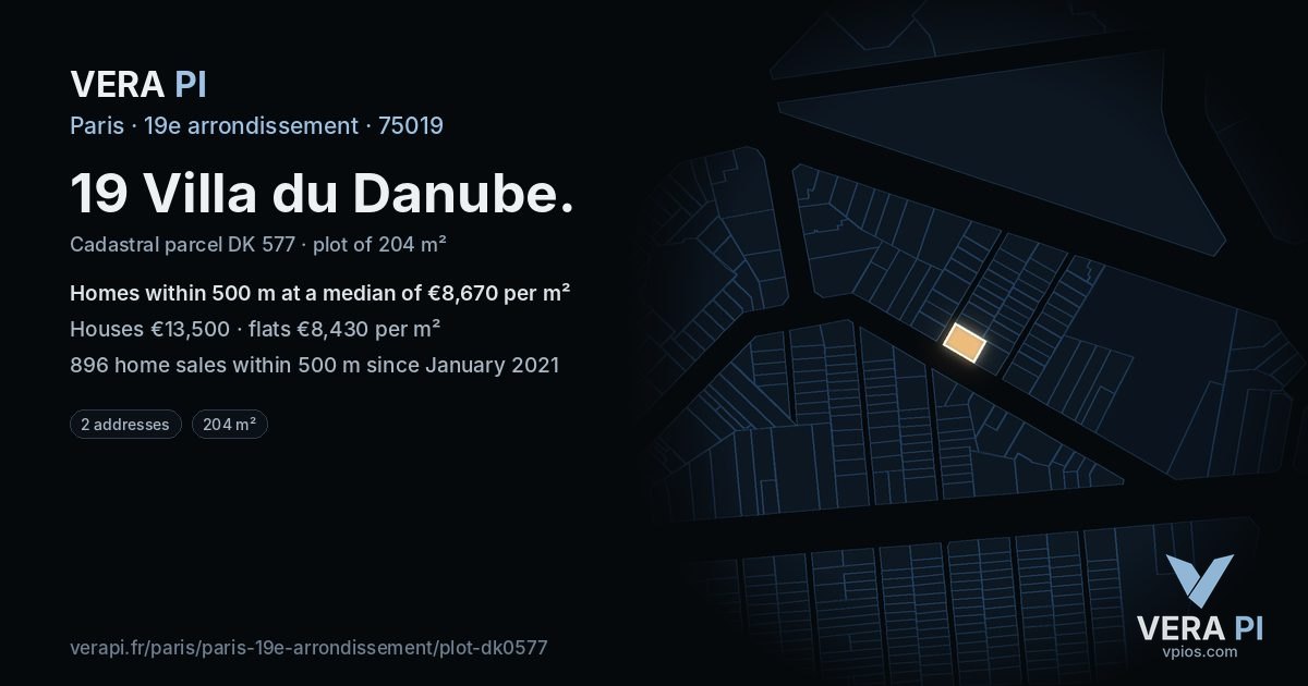 19 Villa du Danube, 19e arrondissement at night – the plot lit, the parcels around coloured by the prices near them
