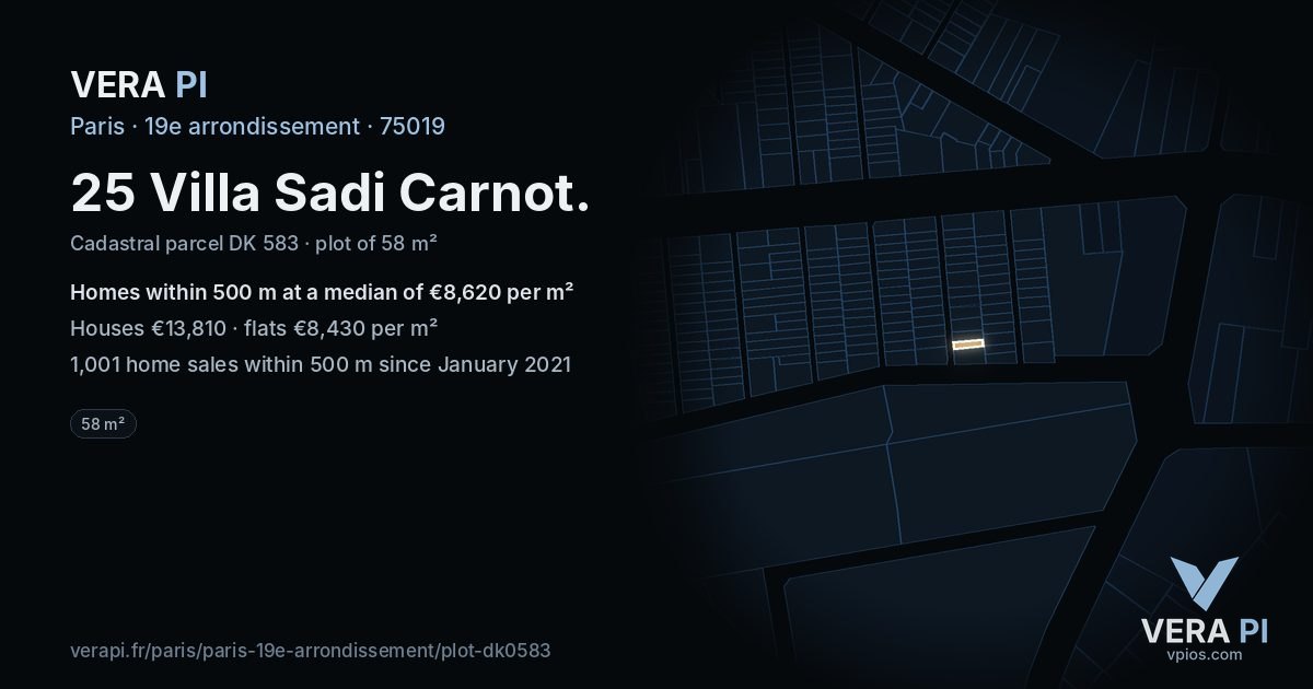 25 Villa Sadi Carnot, 19e arrondissement at night – the plot lit, the parcels around coloured by the prices near them