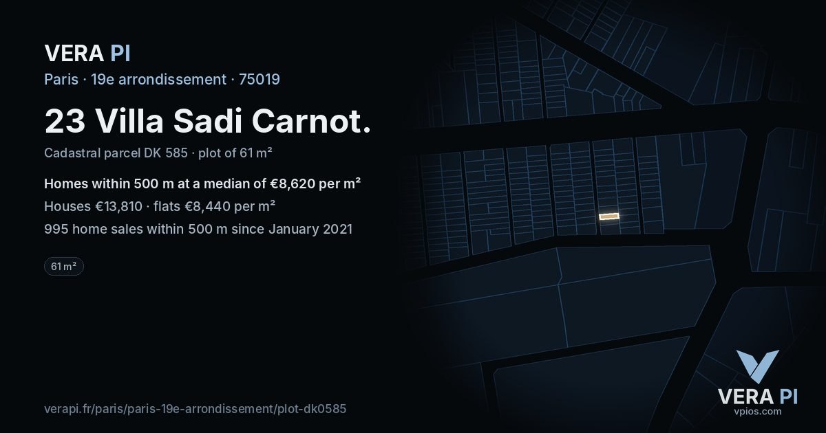 23 Villa Sadi Carnot, 19e arrondissement at night – the plot lit, the parcels around coloured by the prices near them