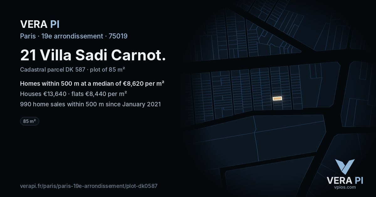 21 Villa Sadi Carnot, 19e arrondissement at night – the plot lit, the parcels around coloured by the prices near them