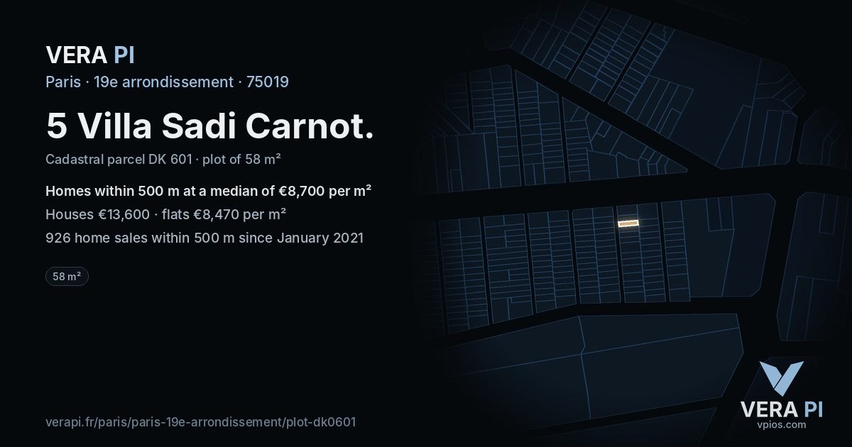 5 Villa Sadi Carnot, 19e arrondissement at night – the plot lit, the parcels around coloured by the prices near them